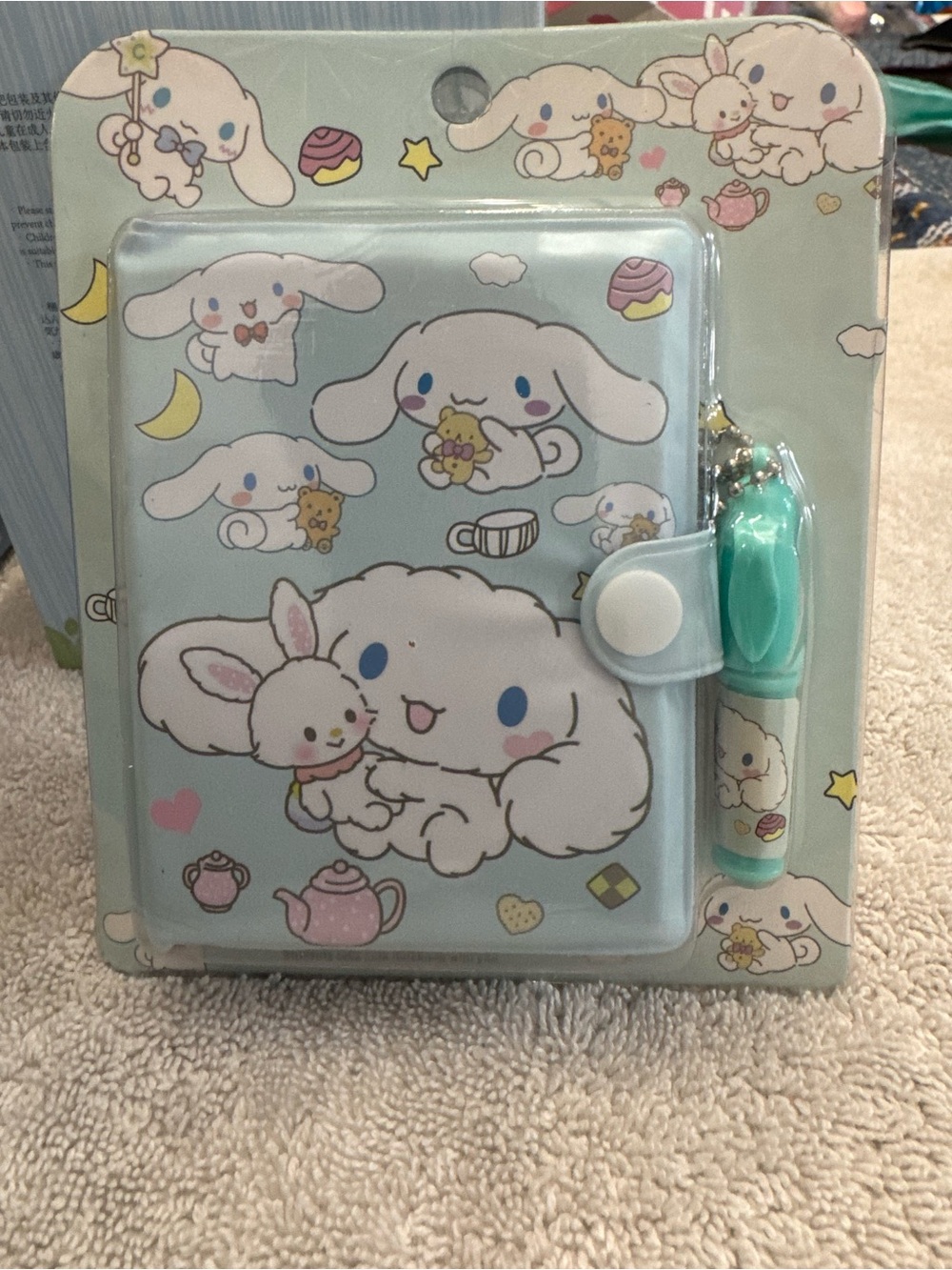 Cinnamonroll light blue hardcover notebook with charm pen keychain
